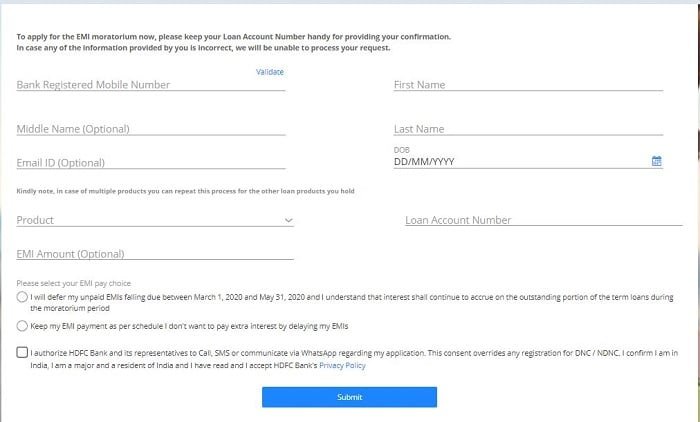 Apply online EMI Moratorium for HDFC Bank