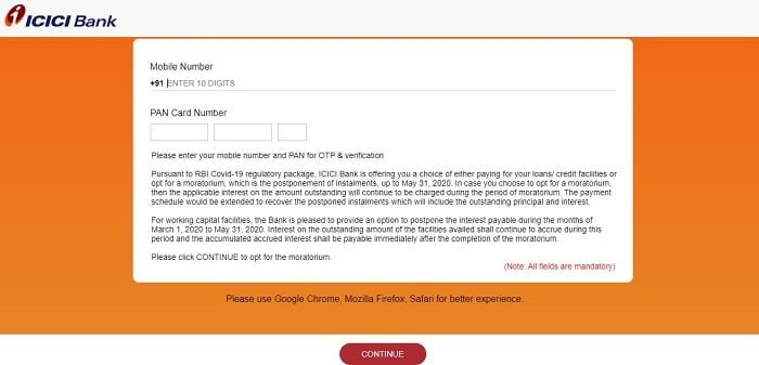 Apply online EMI Moratorium for ICICI Bank